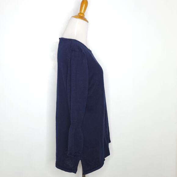 Talbots Linen Blouse Navy 3/4 Bell Sleeves Scoop Neck Large - Picture 2 of 9